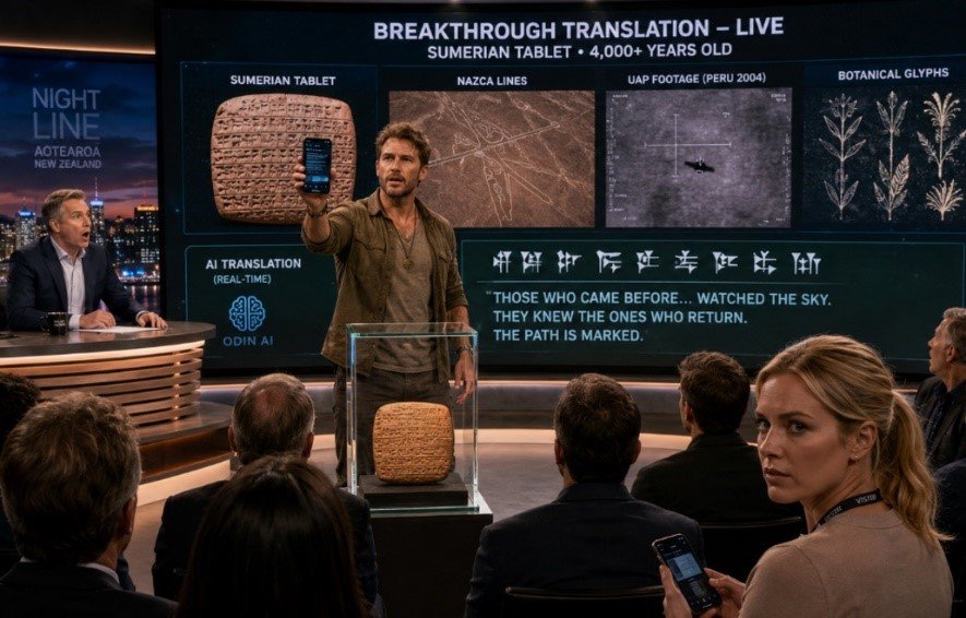 On a live New Zealand news broadcast, Dr. Jack Whittier holds up a phone beside a 4,000-year-old Sumerian tablet as an AI renders its translation on screen alongside Nazca lines and UAP footage, while Lt. Nerina Obii watches from the audience.