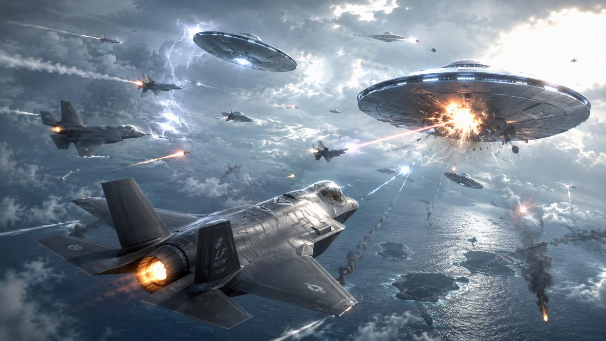 F-35 fighter jets engaging a fleet of flying saucers above the ocean