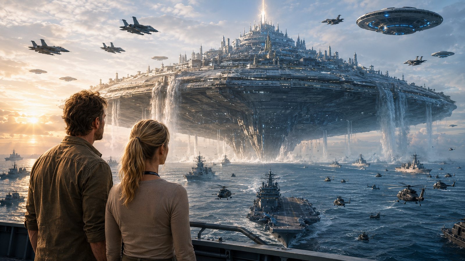 Two figures on a warship deck watch a vast city-sized craft rise from the ocean at dawn, water pouring from its hull, surrounded by a naval fleet, fighter jets and saucers.