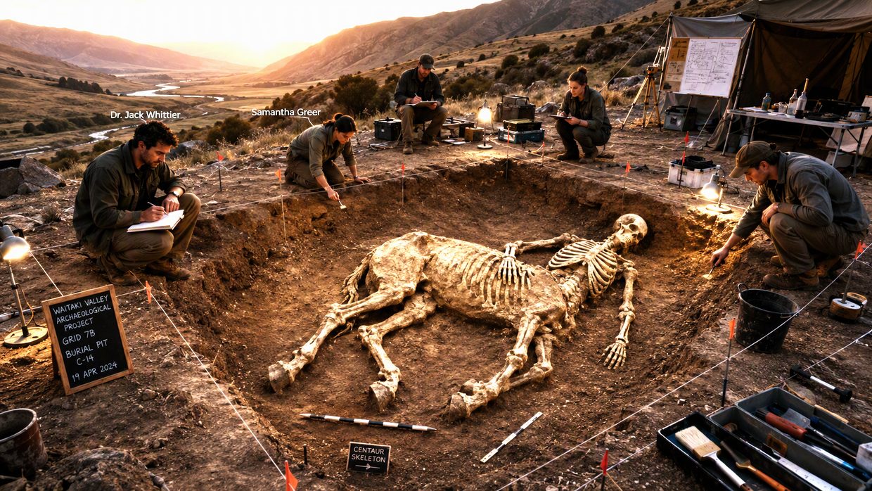 Archaeologists excavating a centaur skeleton at the Waitaki Valley dig at sunset